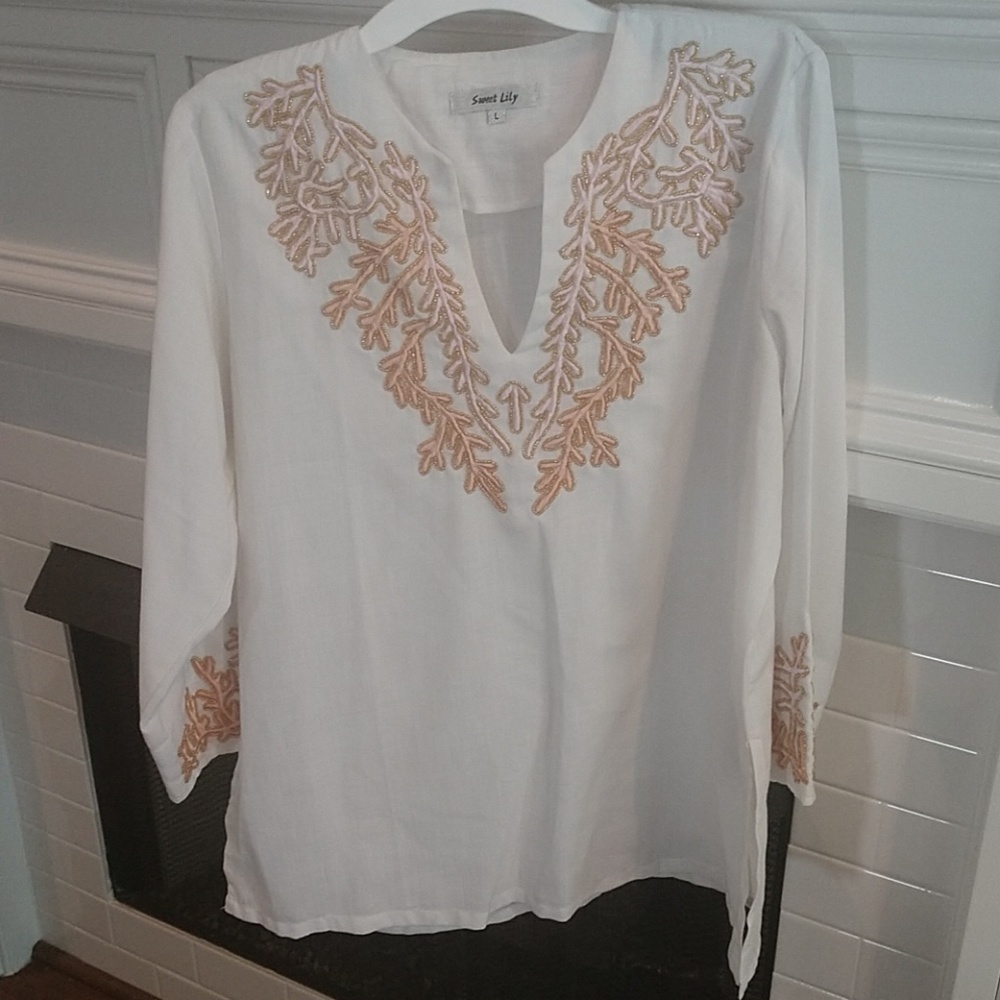 White tunic w/ pale pink embroidery & gold beading